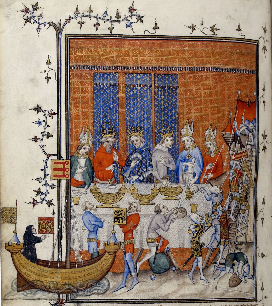 Iluminura de um banquete real: Carlos V, o imperador Carlos IV e Venceslau à mesa alta, diante de tapeçarias azuis com flores-de-lis, com peças de ouro sobre a toalha; à esquerda, um grande navio encenado entra no salão.